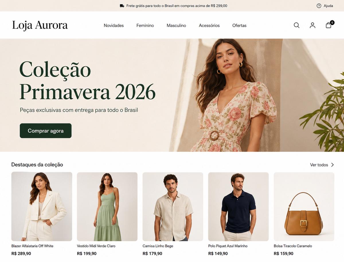 Mockup do projeto conceito Aurora Store — Loja de produtos